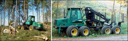 The harvester cuts and debrances logs and the forwarder collects them according to thickness and lenght. Both have programmable computer programs.